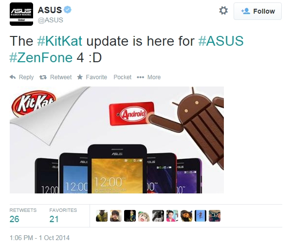 asus zenfone 4 get the android 4.4 update